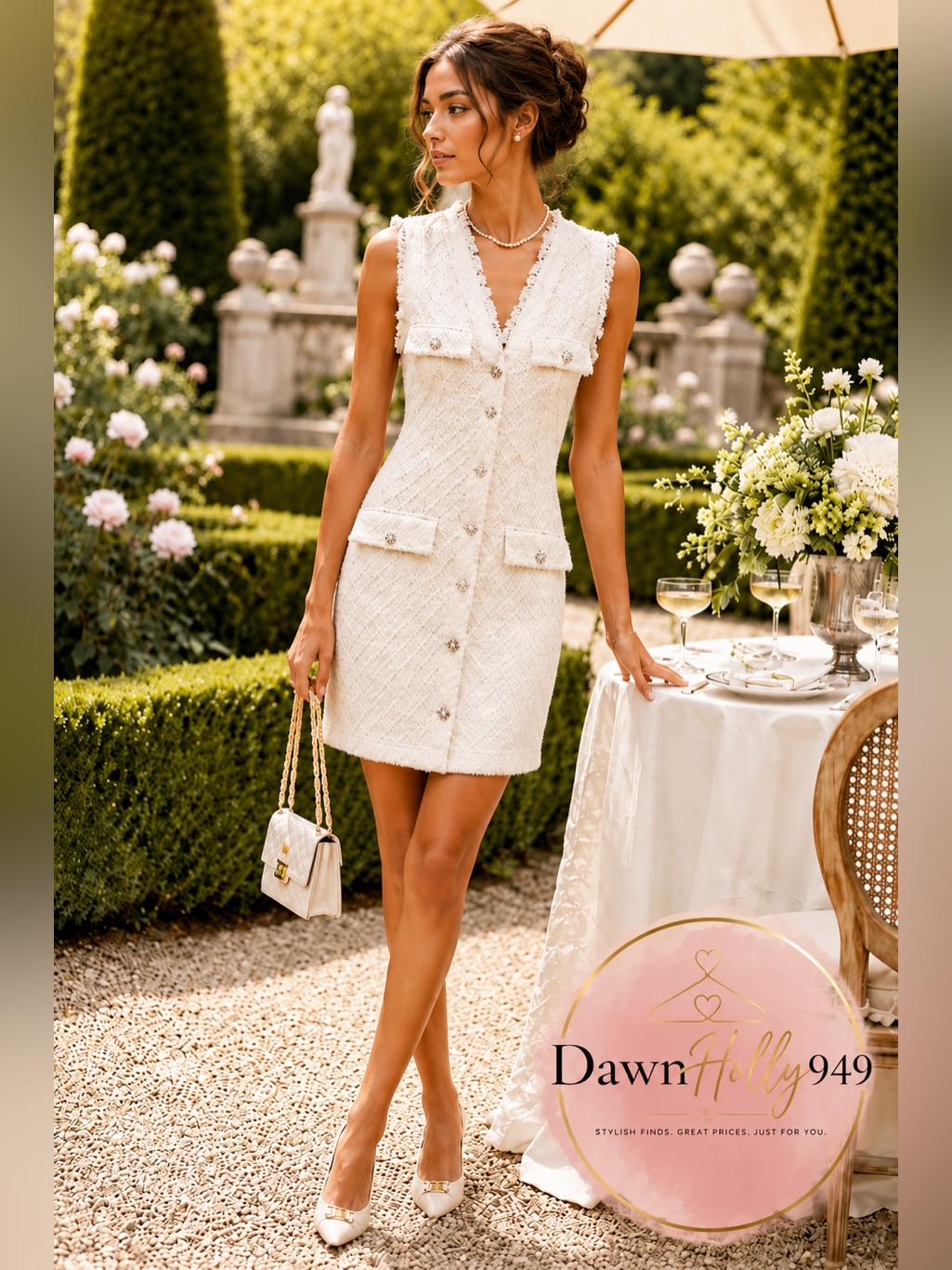 Absolutely Stunning Bhldn Ella V-Neck Pearl Tweed White Mini Dress